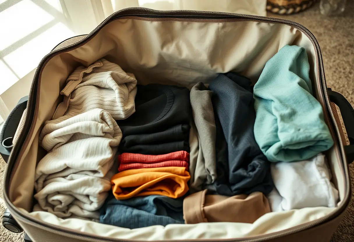 À l'intérieur d'une valise souple, des vêtements pliés sont disposés en rangs. La lumière se reflète sur les habits à travers la doublure en tissu.