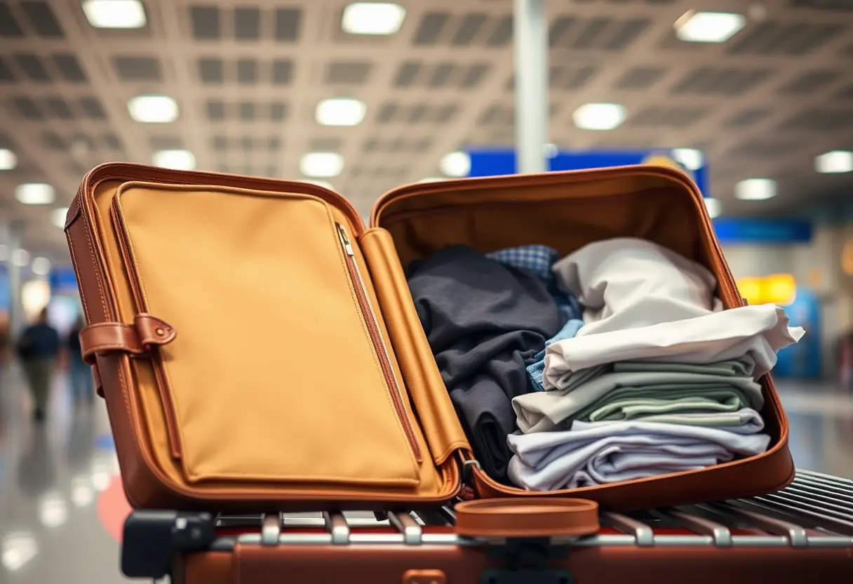 Une valise ouverte sur un porte-bagages à l'aéroport