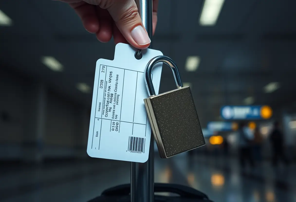 Une main tourne la clé d'un cadenas sur une valise dans un terminal d'aéroport