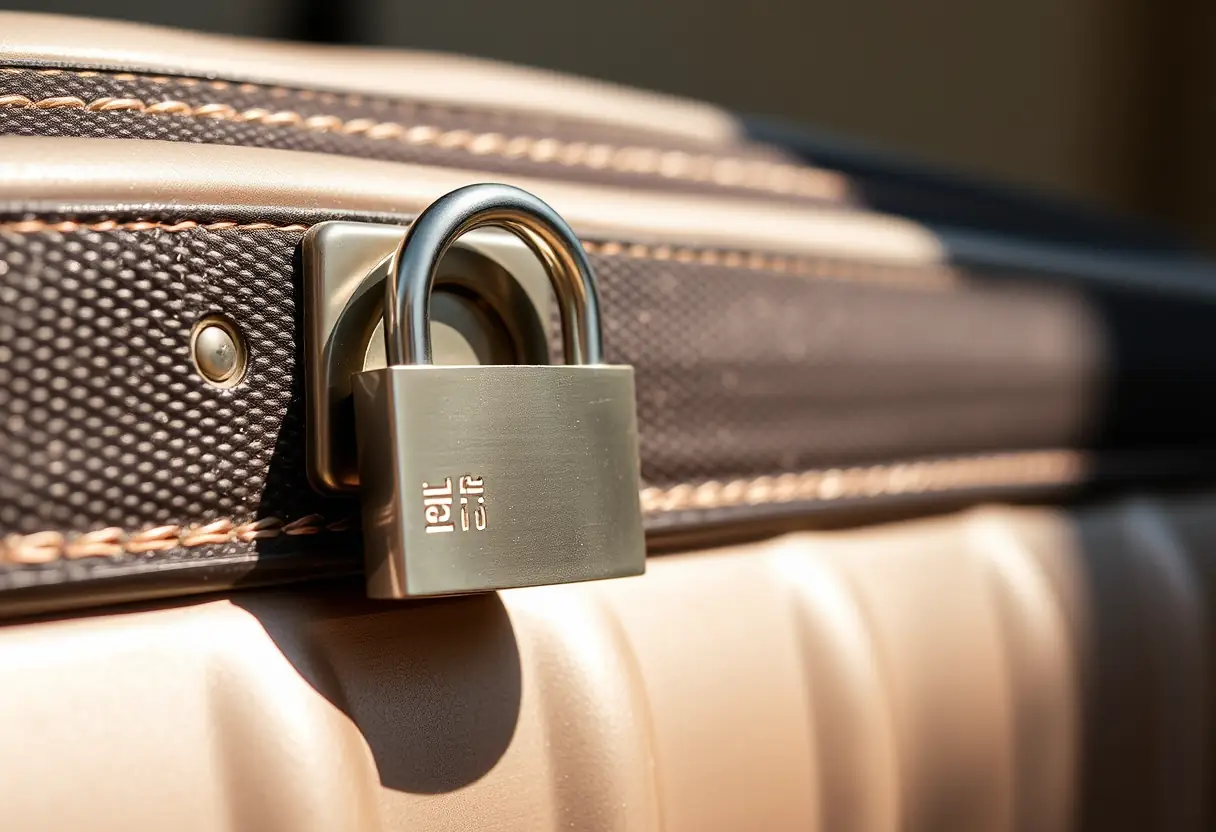 Un cadenas métallique attaché au bouton de poignée d'une valise