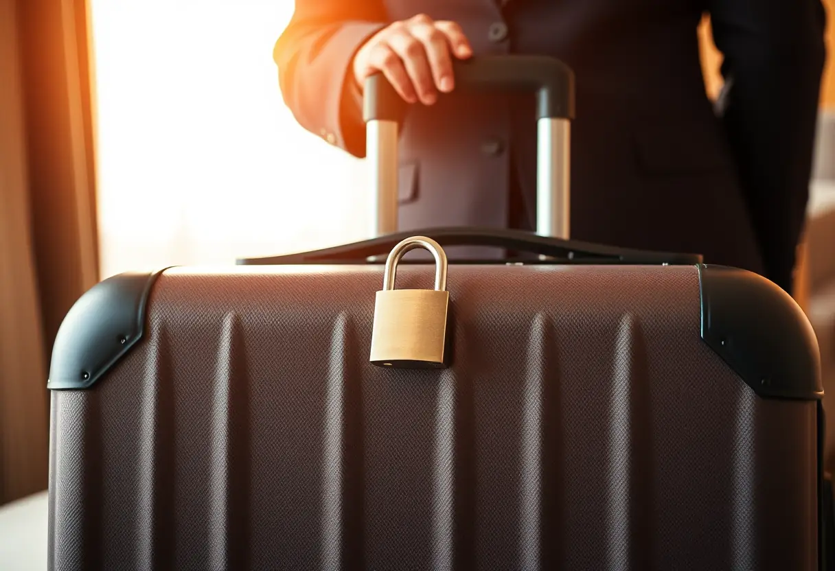 Une valise cadenassée sur une tablette d'hôtel avec sa ceinture en cuir