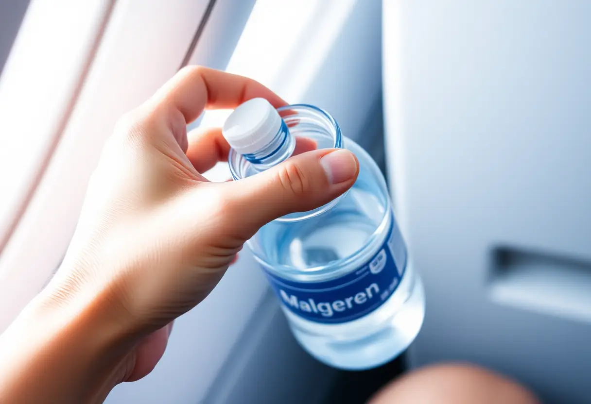 Une main tenant une bouteille d'eau pleine lors d'un vol long courrier