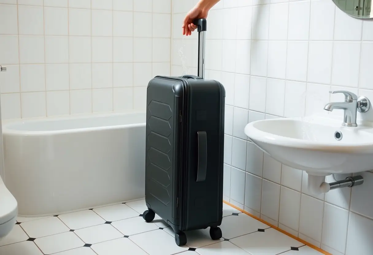 Une valise sur le carrelage d'une salle de bain avec une main qui ouvre le robinet