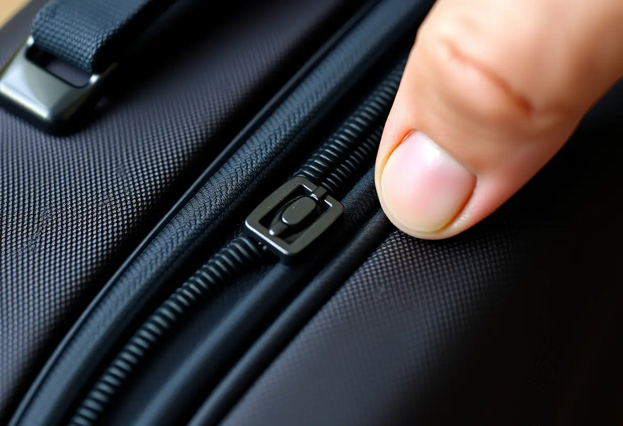 Une fermeture à glissière sur une valise, une main teste sa souplesse
