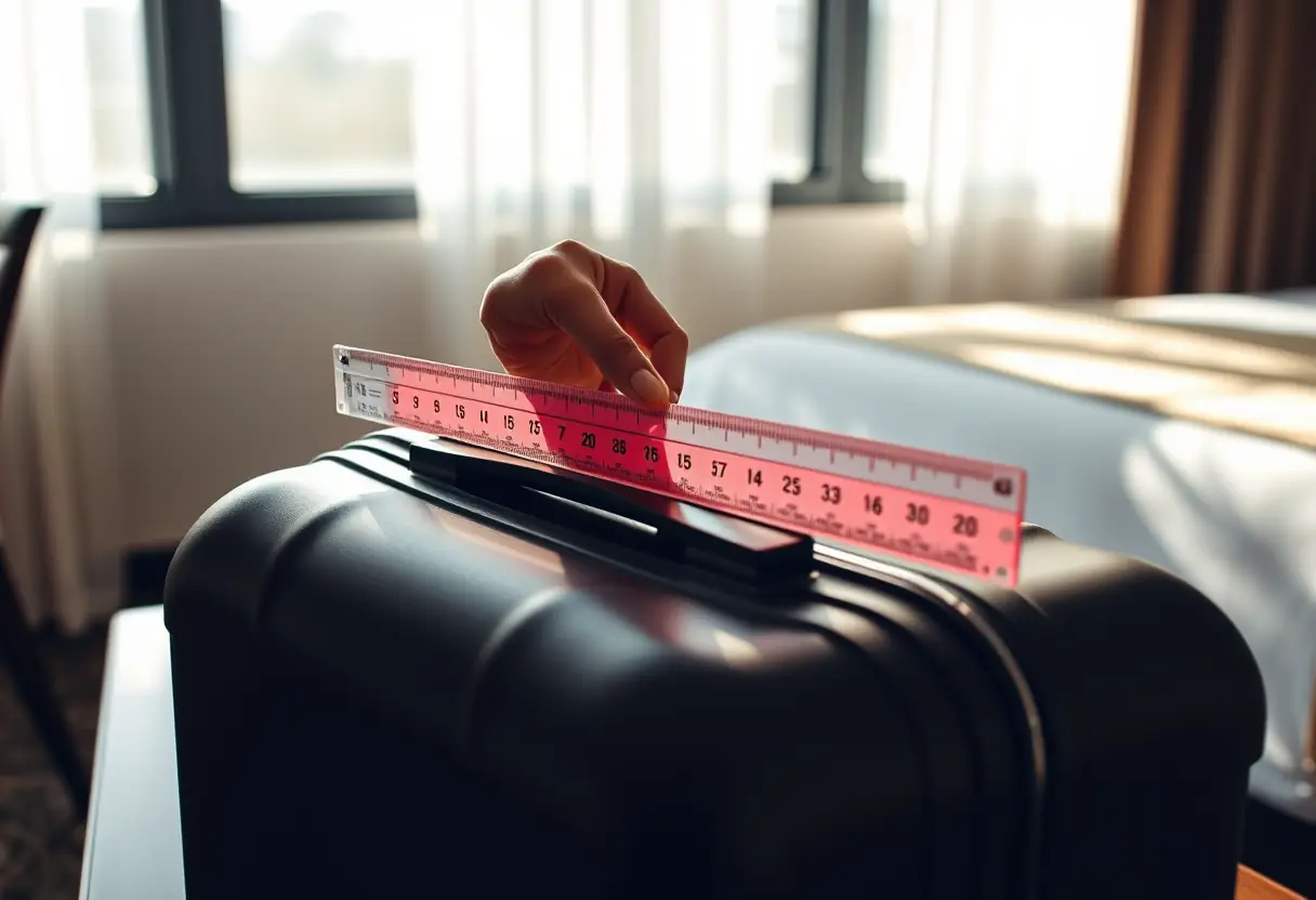 Une règle posée sur une valise rigide dans une chambre d'hôtel