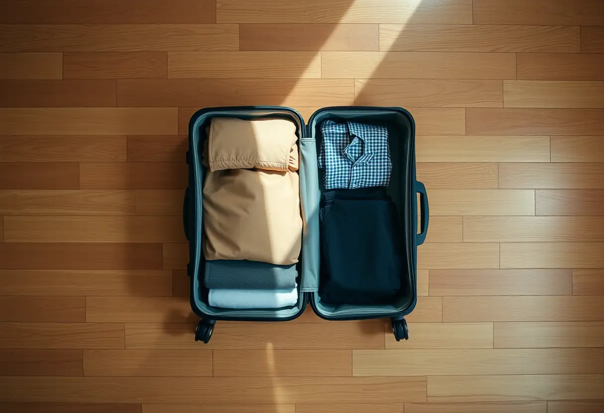 Une valise rigide ouverte révélant ses vêtements pliés