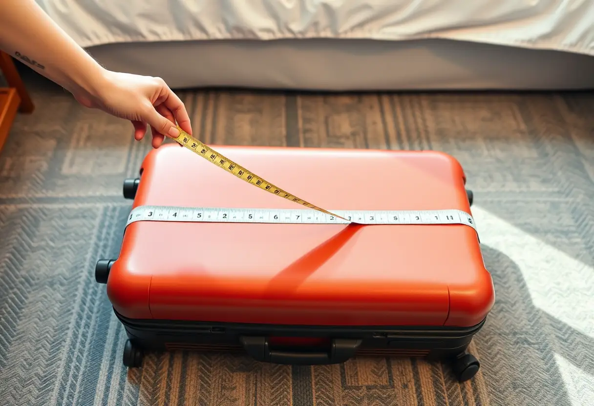 Une main mesure la longueur d'une valise posée sur le sol d'une chambre d'hôtel