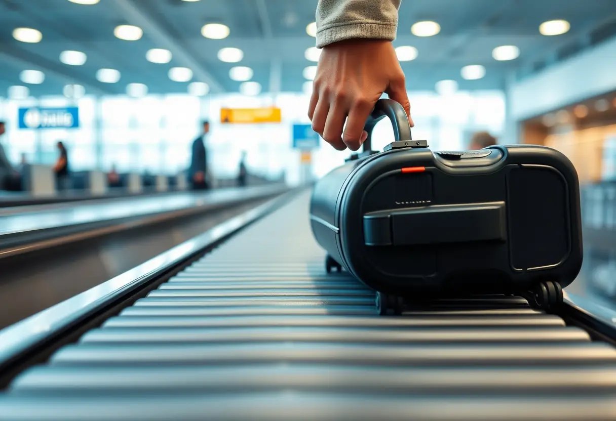 Une main pose une valise roulante cylindrique sur une ceinture de sécurité, respectant les dimensions requises.