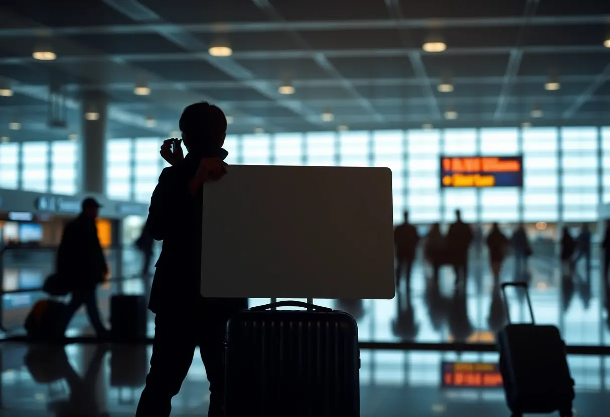 Un silhouetté vérifie les dimensions d'une valise avec un plateau rectangulaire dans un terminal d'aéroport.