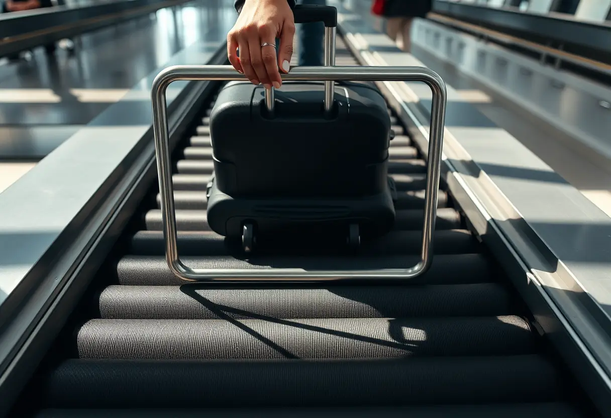 Cadre métallique rectangulaire sur une ceinture de convoyeur avec une main qui ajuste la taille d'une valise