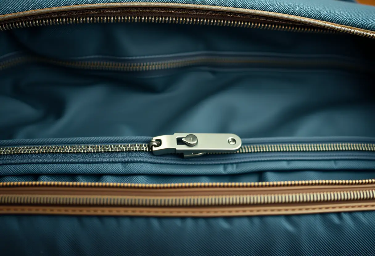 Des fermetures éclair métalliques se croisent sur une valise en toile spacieuse, garantissant que tous les compartiments sont fermés et sécurisés avant le voyage