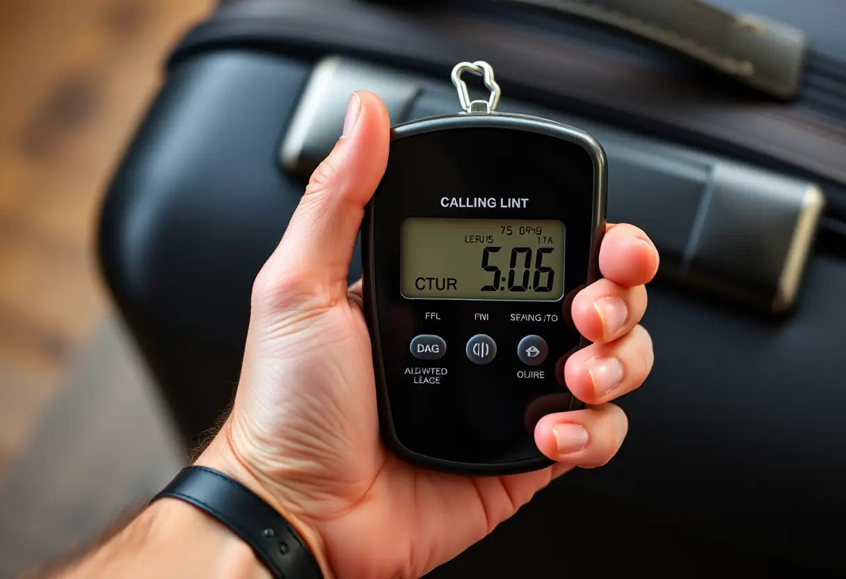 Une main tient une balance digitale indiquant un poids légèrement au-dessus de la limite autorisée pour une valise de cabine.