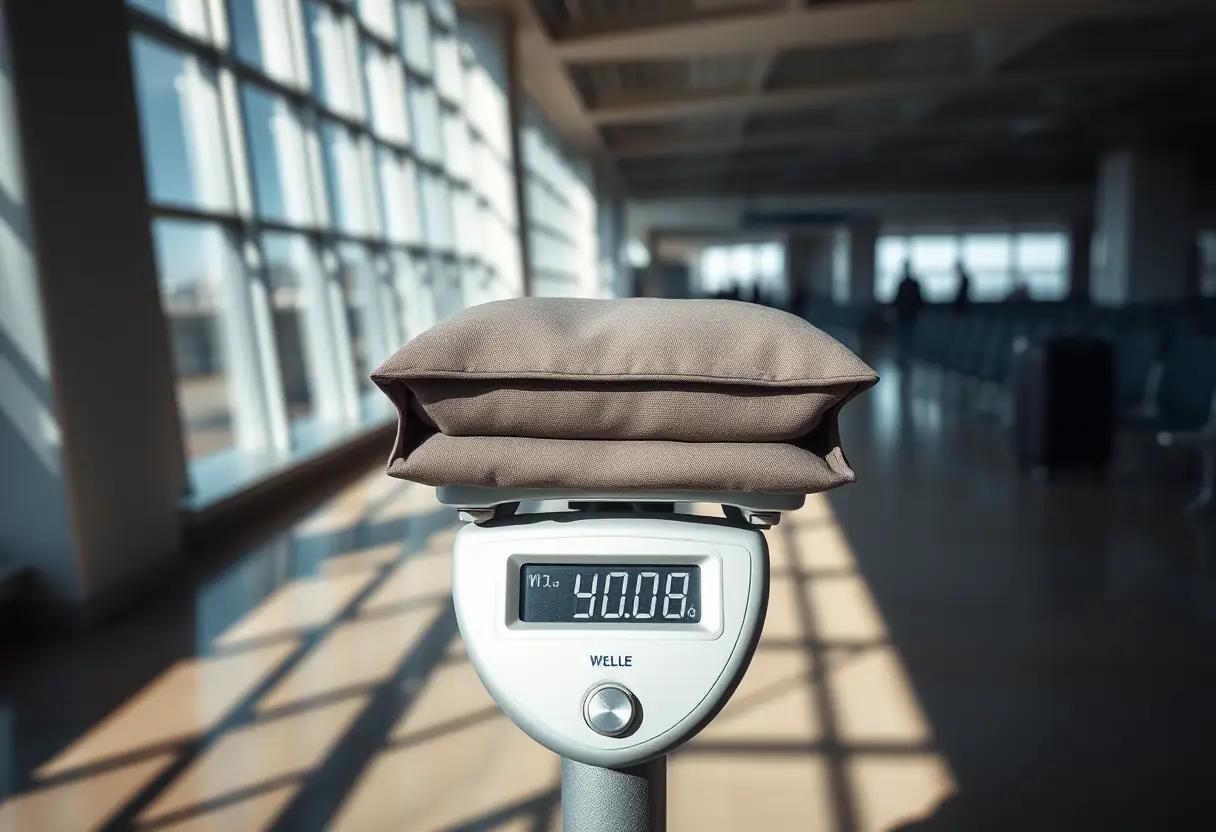 Un sac en toile plié soigneusement repose sur une balance à bagages à l'aéroport, ses contenus sont équilibrés pour respecter la limite de poids.