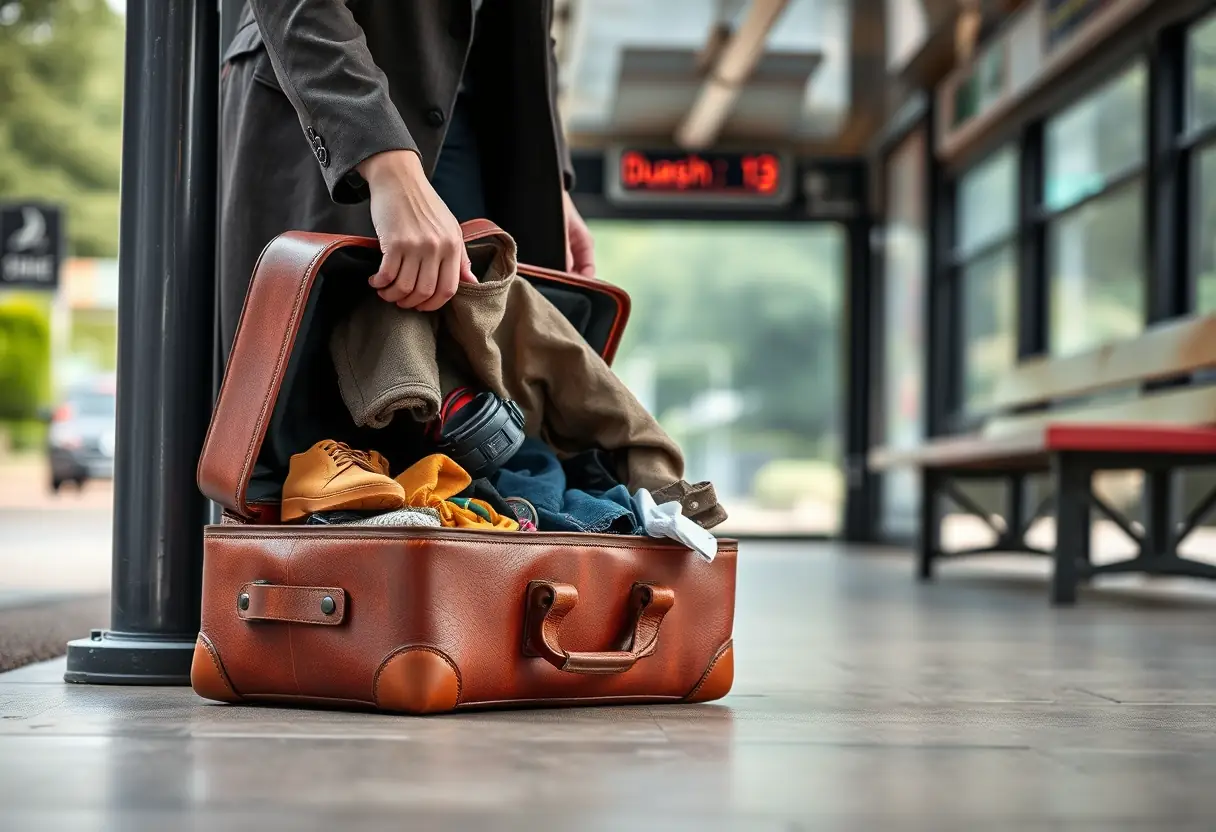 Une main cherche des vêtements dans un sac de voyage au bus stop