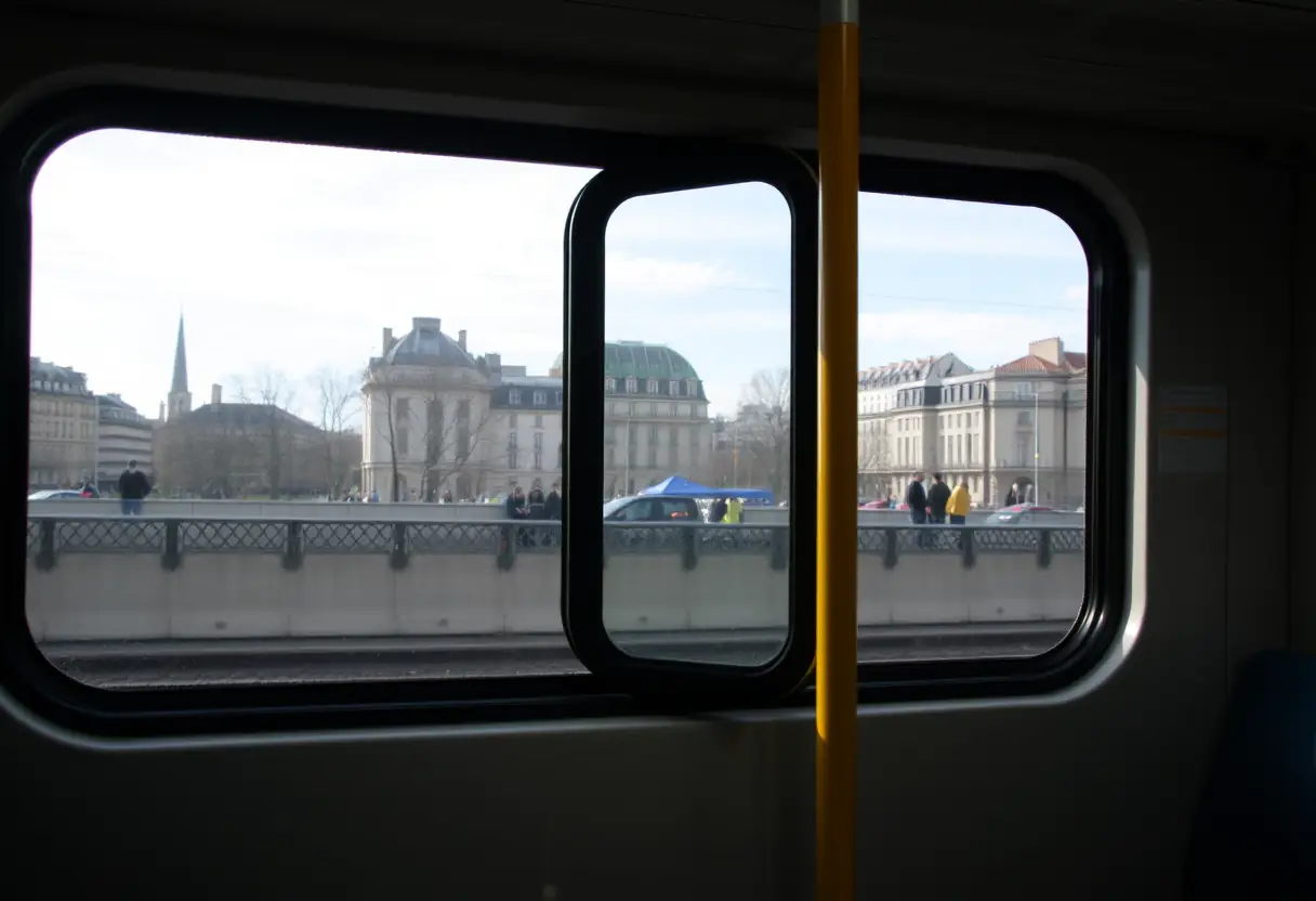 Une fenêtre de train entrouverte, laissant entrer l'air frais pendant un trajet en métro parisien.