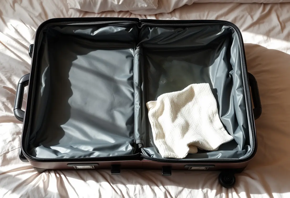 Une valise ouverte sur un lit, un chiffon imbibé de solution de nettoyage repose à l'intérieur, mettant en valeur l'éclat de la doublure en polyester