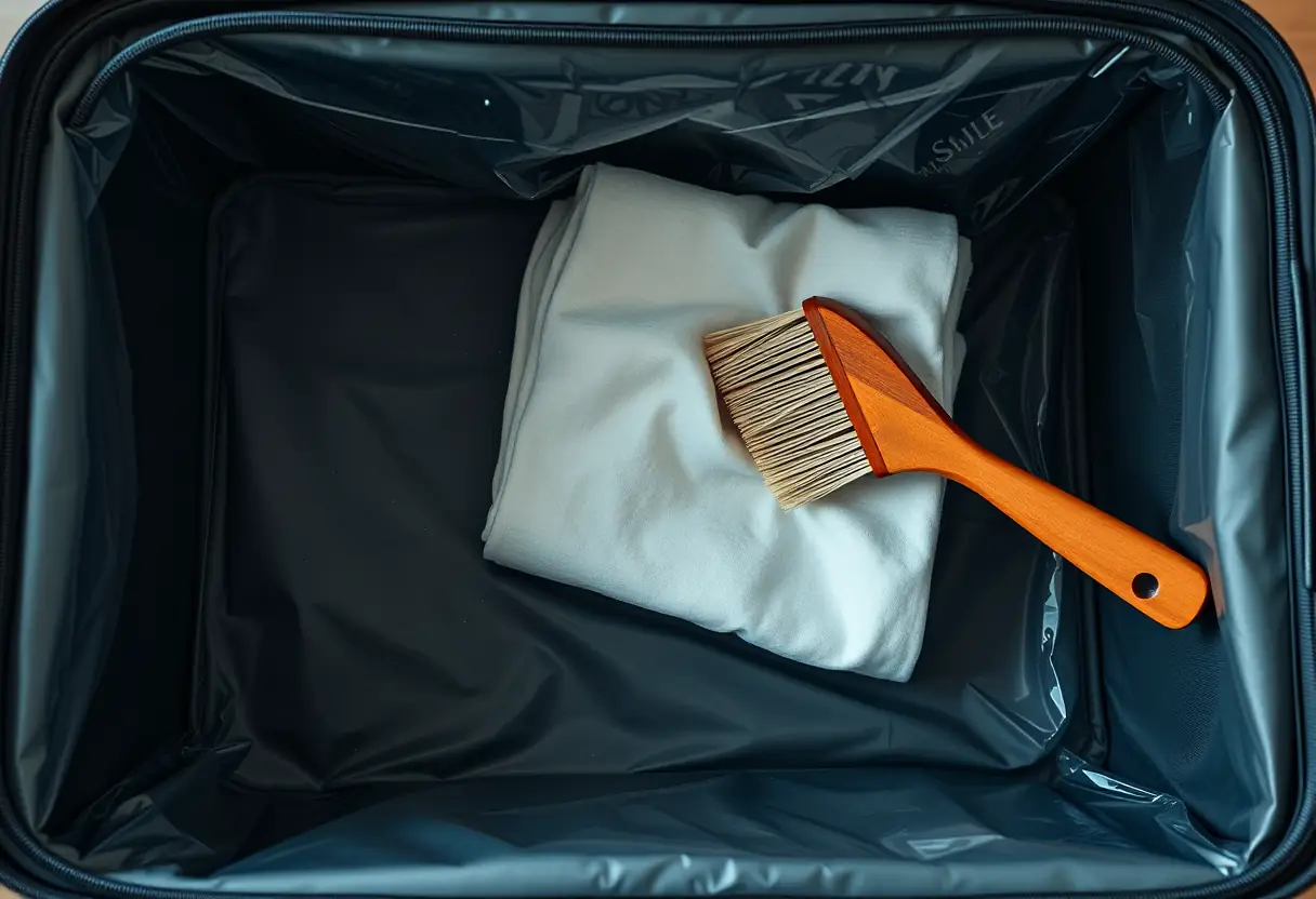 À l'intérieur d'une valise, un chiffon plié est brossé contre son revêtement en plastique, mettant en valeur des particules de poussière flottant dans l'air