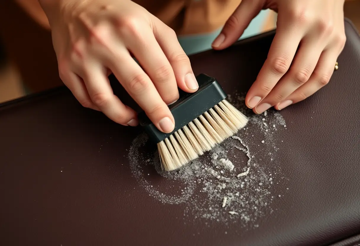 Des mains tenant un pinceau à nettoyer glissent sur la surface en cuir lisse d'une valise, révélant la saleté et la crasse collectées au cours des voyages