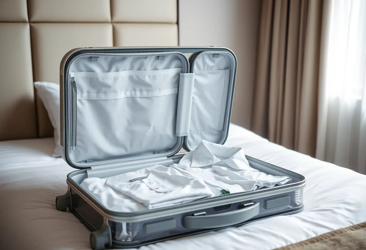 Une valise en polycarbonate ouverte sur un lit d'hôtel, contenant des affaires propres