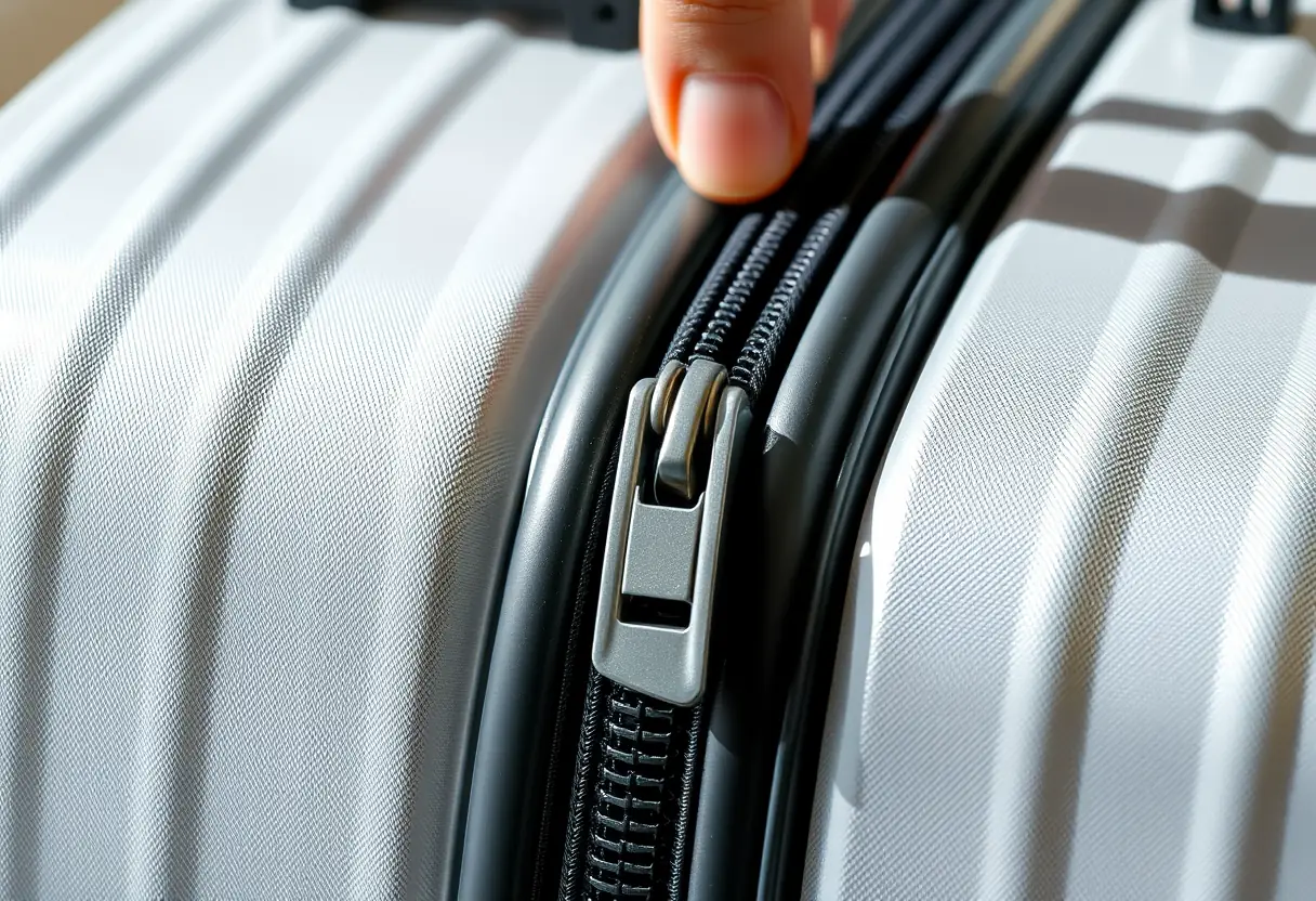 Une fermeture à glissière sur une valise en polycarbonate propre