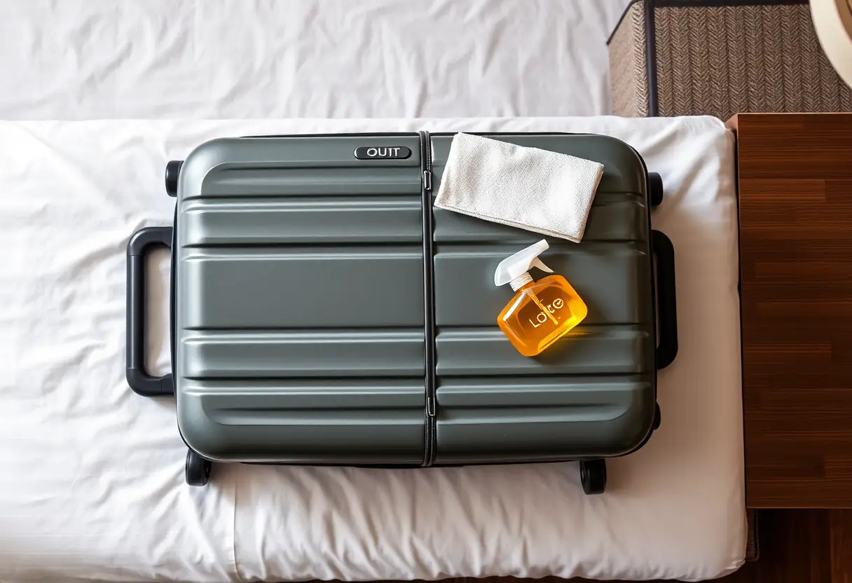 Une valise en polycarbonate posée sur un bureau d'hôtel avec des produits de nettoyage