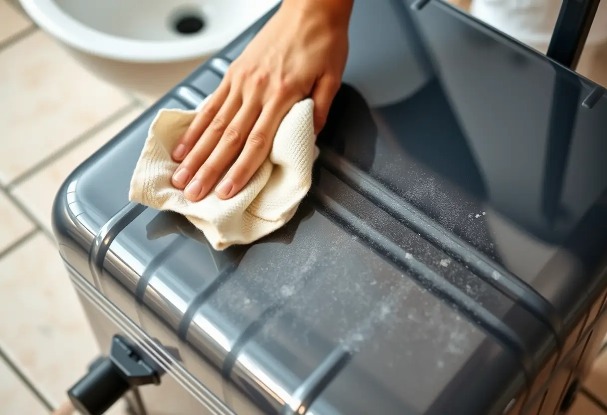 Une main nettoie l'extérieur d'une valise en polycarbonate avec un chiffon humide