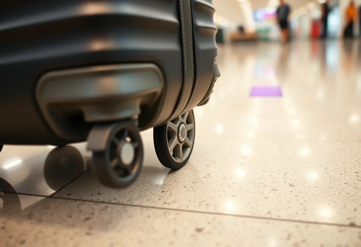 Une valise sur un sol d'aéroport, ses roues tournant librement