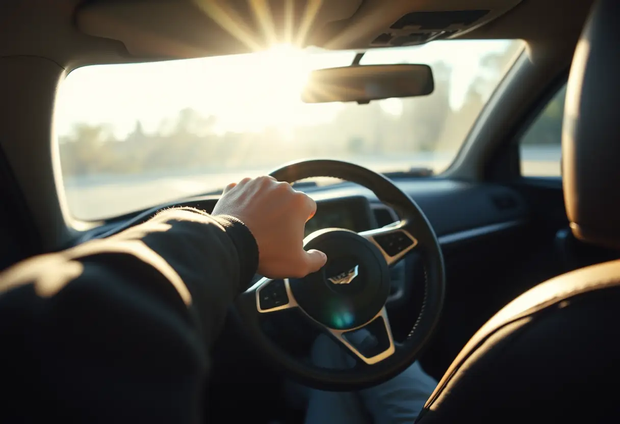 Une main stabilise un volant en cuir roulé dans une voiture, éclairée par la lumière du jour.