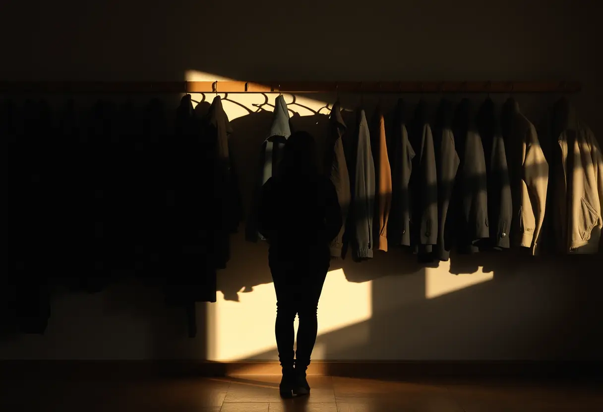 Un silhouetté se tient devant une rangée de manteaux et vestes suspendus, éclairés par la lumière du soir au Japon