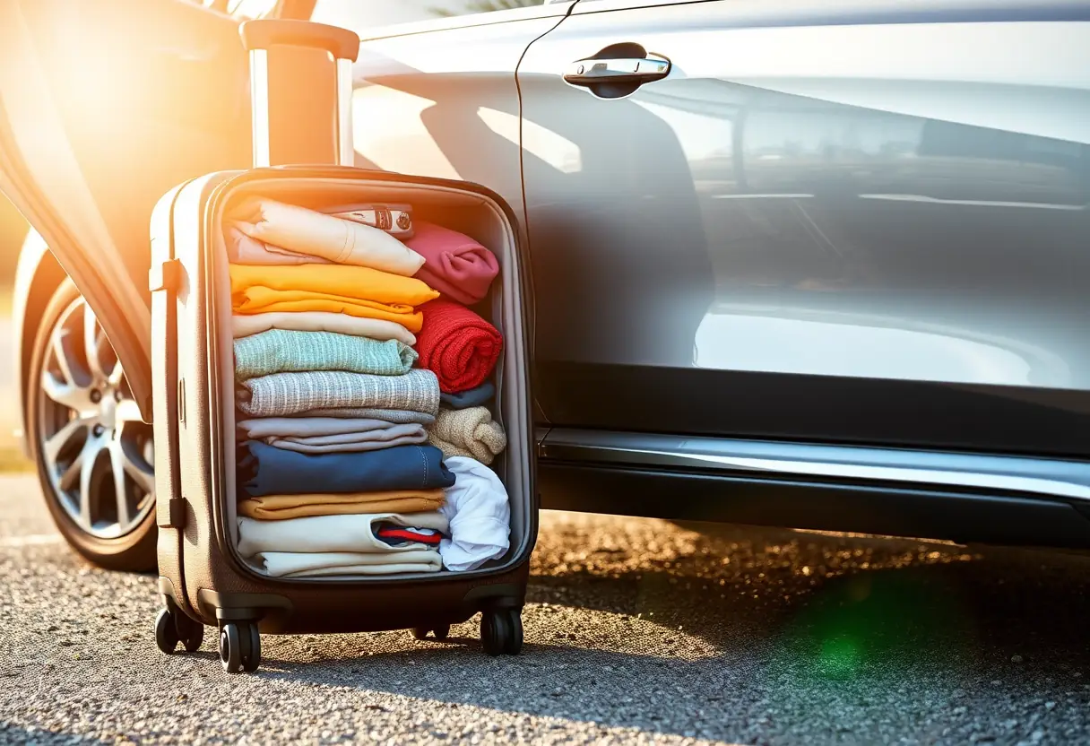 Valise bien organisée près d'une portière de voiture prête pour le départ.