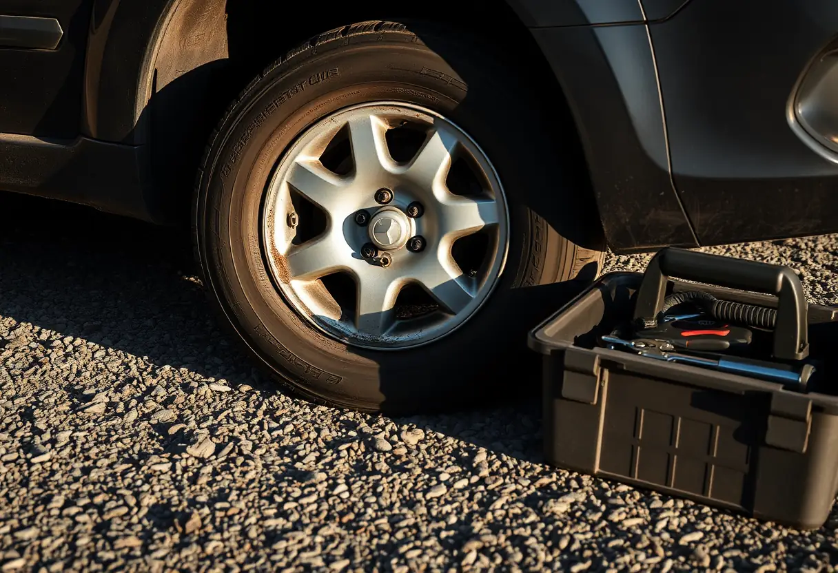Pneu de voiture posé sur le gravier avec un kit d'outils, rappelant l'importance de la vérification des pneus avant un road trip