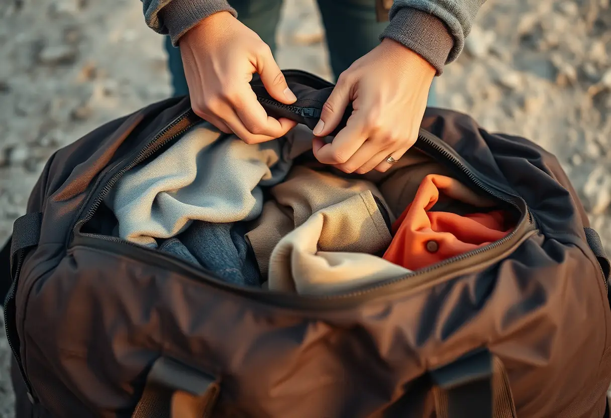Mains qui zippent un sac de sport rempli d'effets personnels, illustrant l'importance de choisir les bagages appropriés pour un road trip