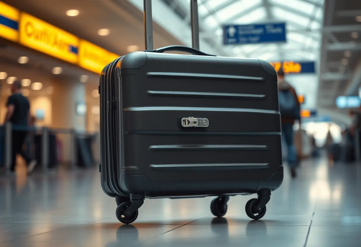 Une valise avec ses roues sur un sol dallé à l'aéroport