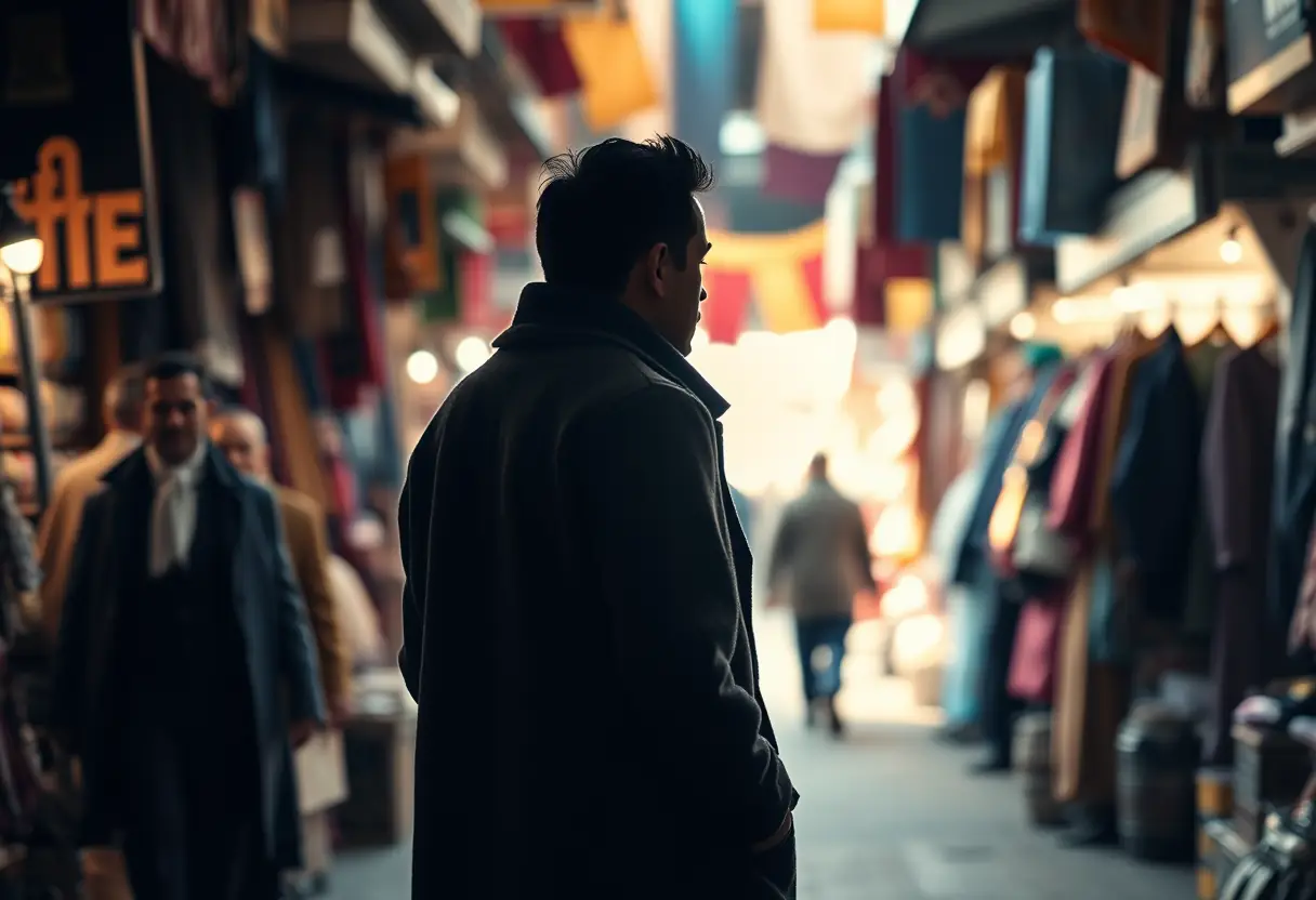 Une silhouette d'une personne vêtue d'un long manteau se profile devant un marché animé au Maroc