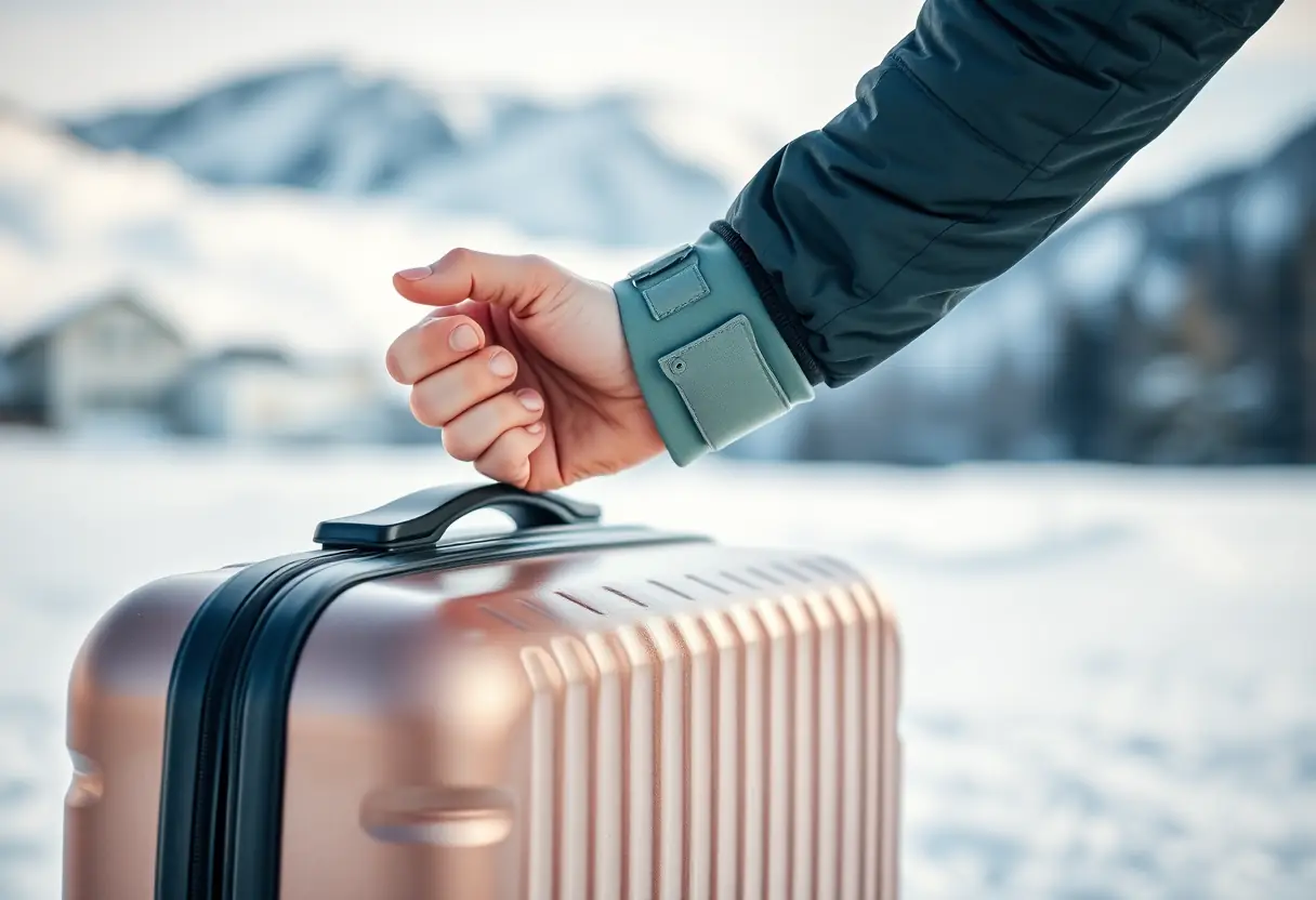 Main de skieur tenant la poignée d'une valise en plastique dur