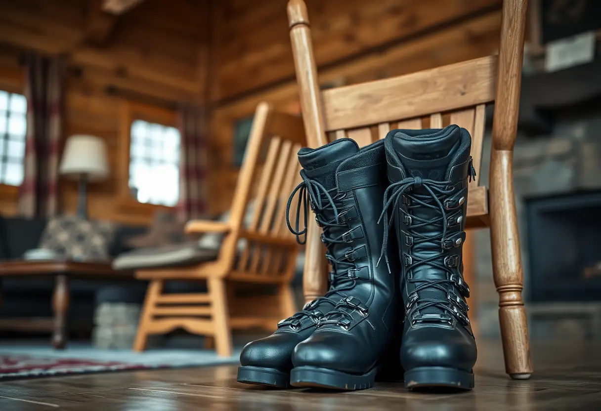 Bottes de ski noires près d'un fauteuil en bois dans une chambre d'hôtel de montagne