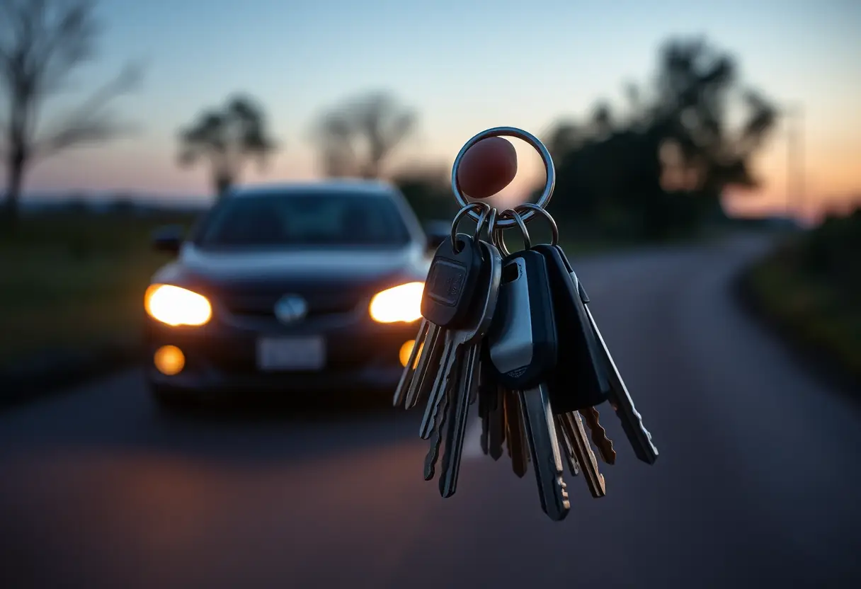 Clé de voiture sur route rurale au crépuscule