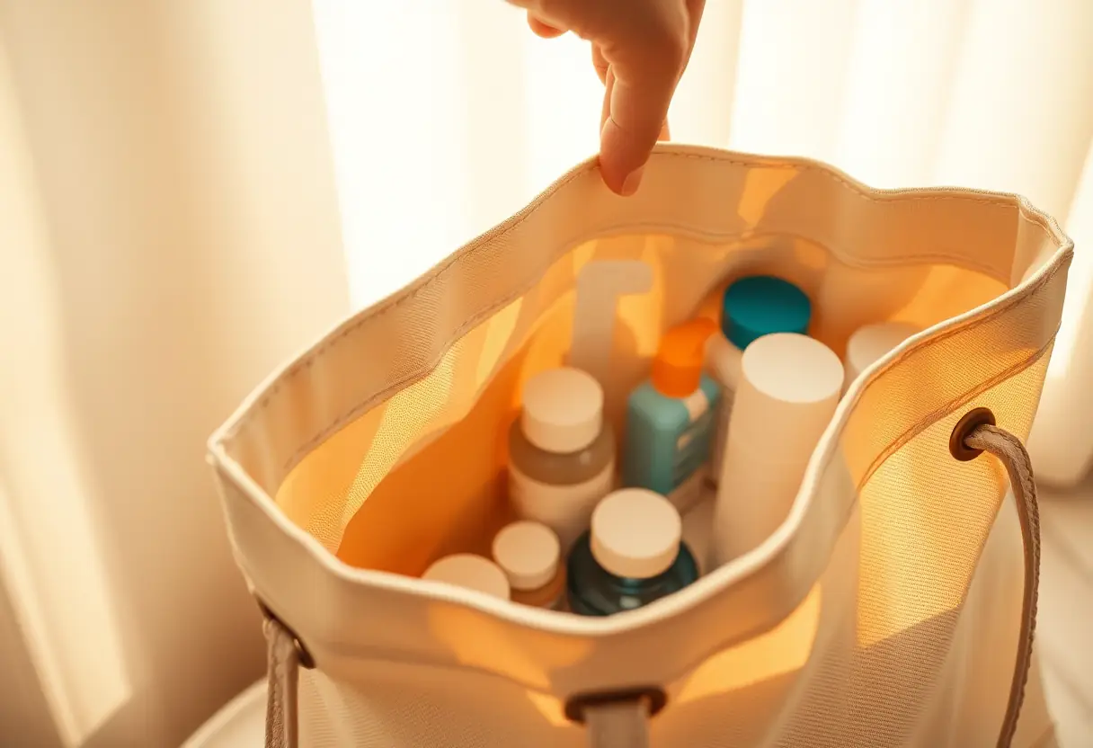 Une main plonge dans un sac de toilettage en toile, éclairé par le soleil matinal.