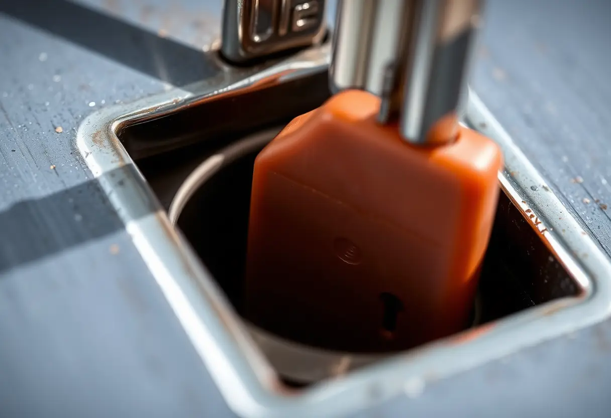 Clé plastique solide insérée dans une serrure métallique sur une valise rigide