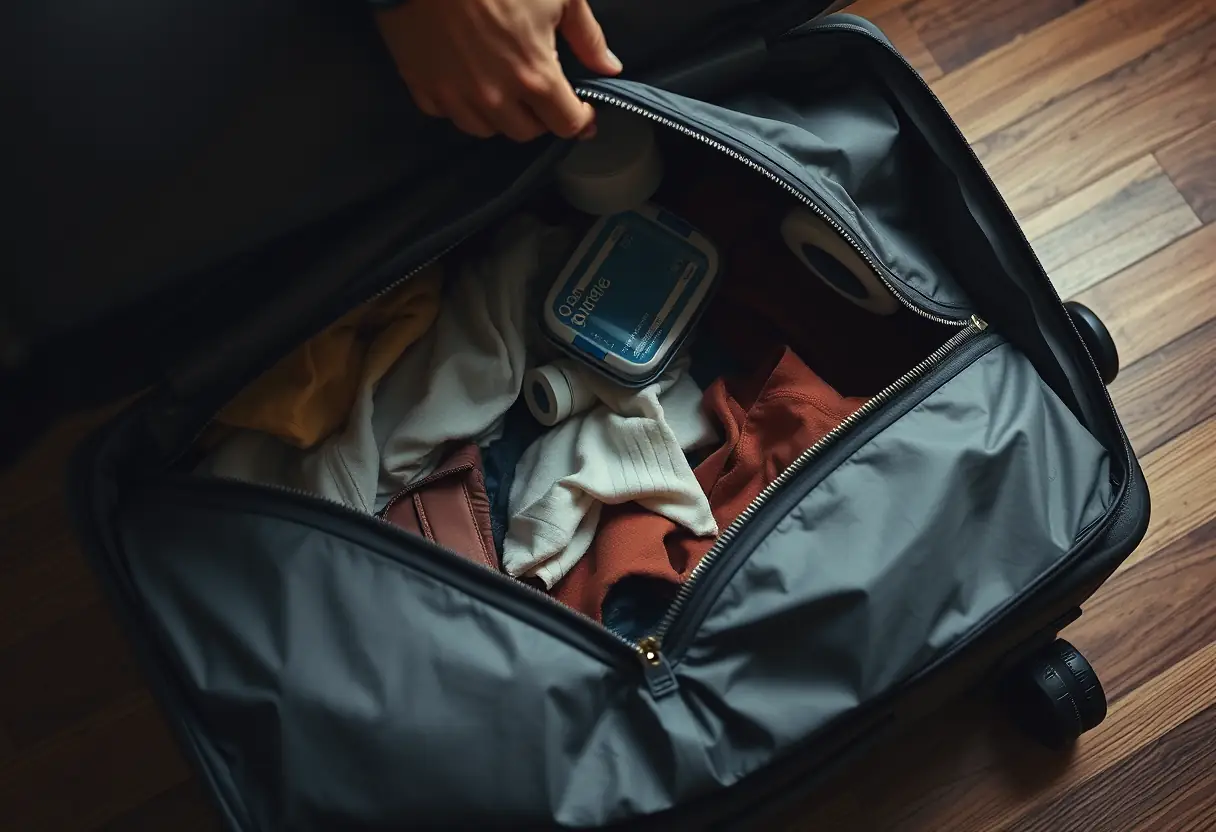 Une main pénètre dans une valise à travers une fermeture éclair déchirée, révélant un sac à dos avec des vêtements et des produits d'hygiène.