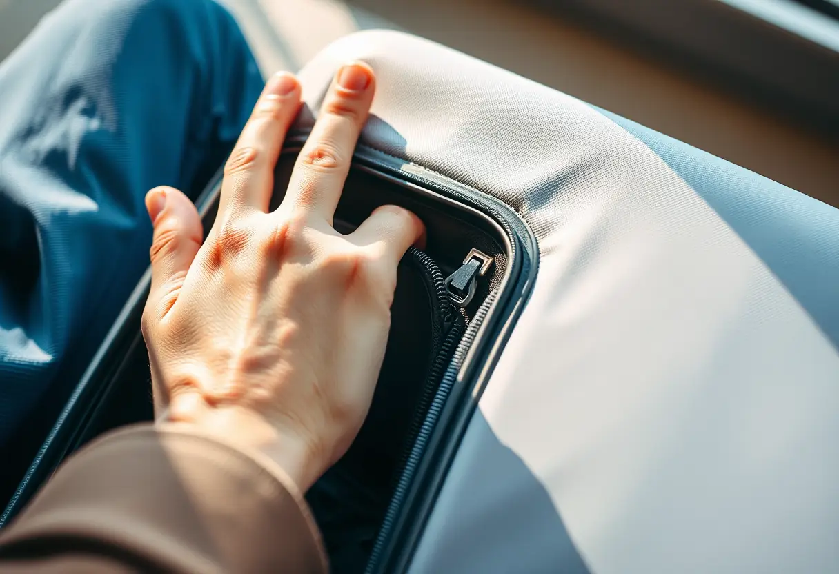 Main dans une valise, cherchant la tirette de zip en tissu, suivi par la lumière naturelle