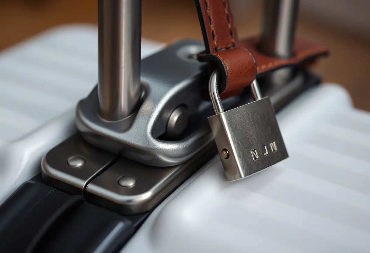 Poignée métallique d'une valise avec cadenas, symbole de sécurité lors du voyage.