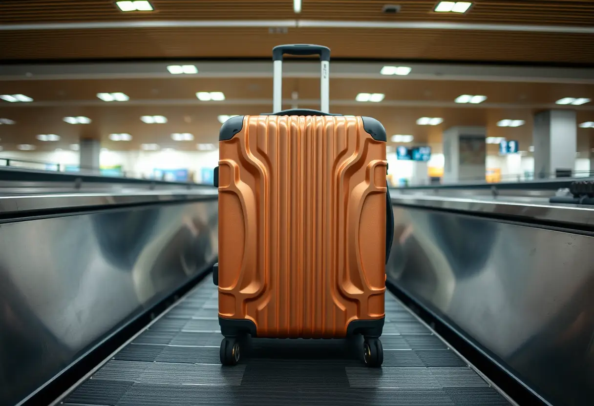 Valise sur un tapis roulant à l'aéroport, cadenas fermé, symbole de sécurité lors du transport.