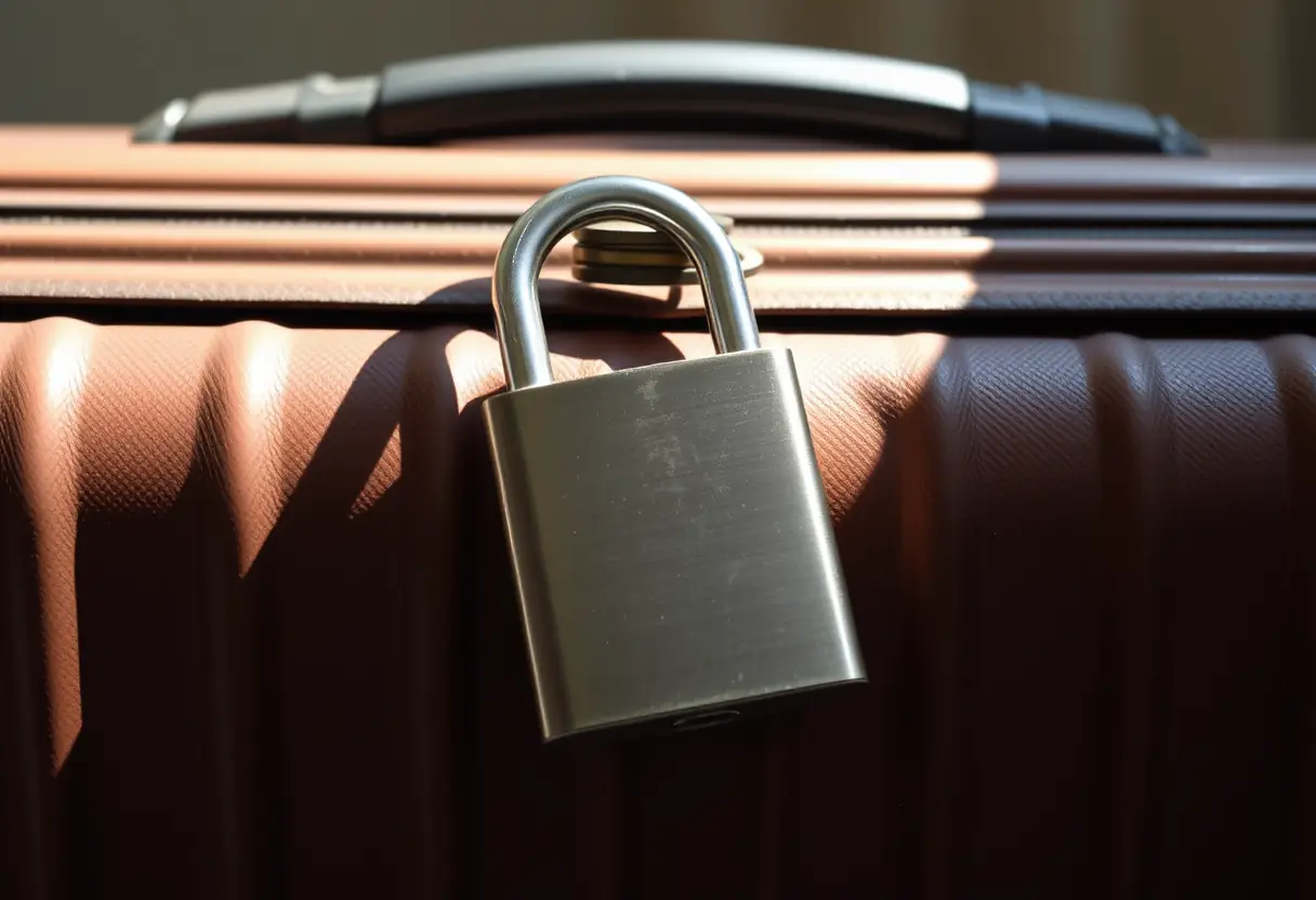 Un cadenas métallique sur une valise rigide fermée
