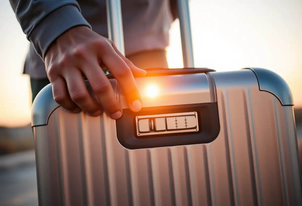 Une personne pousse sur le mécanisme de fermeture métallique d'une valise en aluminium au coucher du soleil