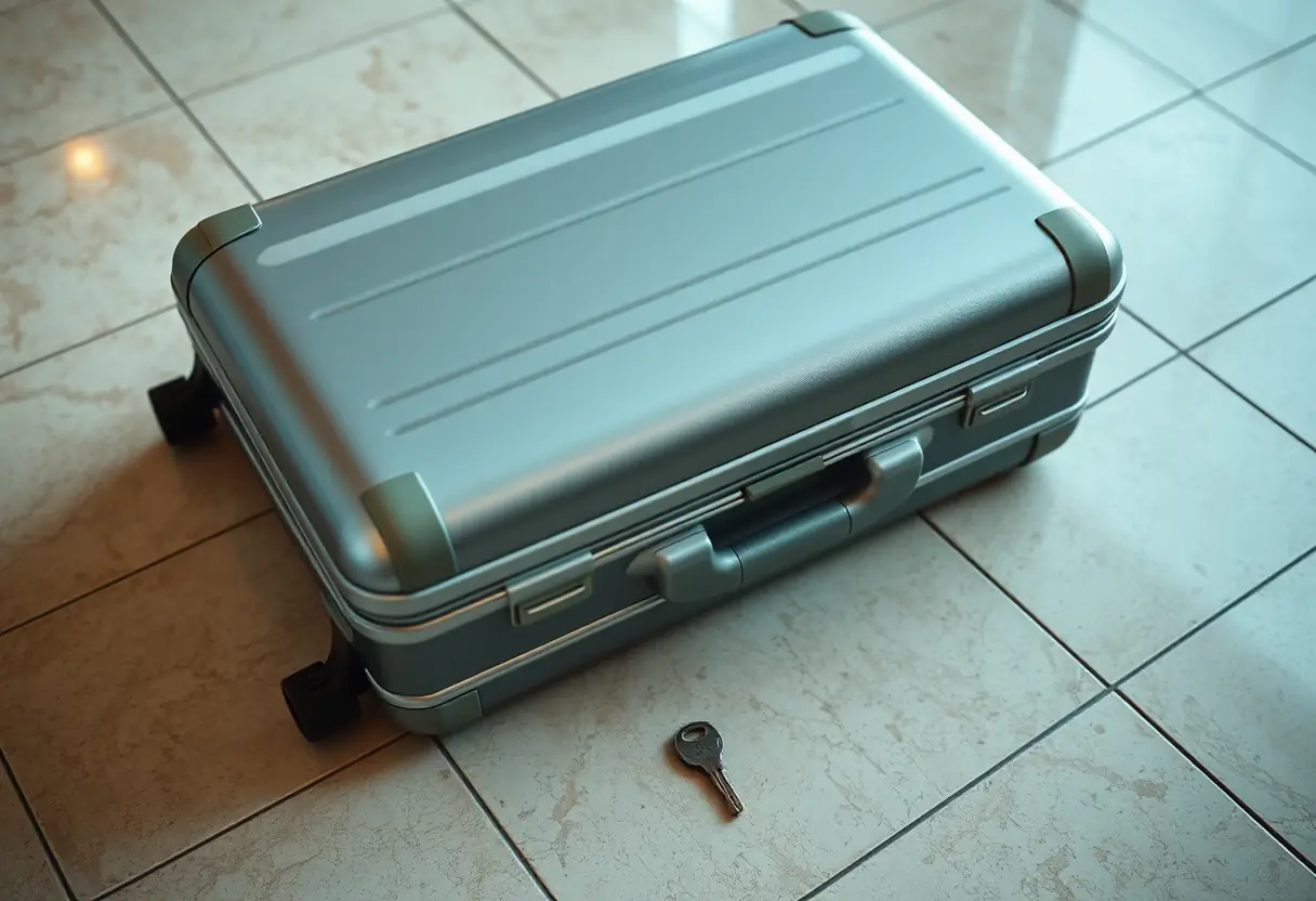 Une valise rigide fermée sur un sol carrelé, avec une petite clé à côté, rappelant la sécurité du contenu.