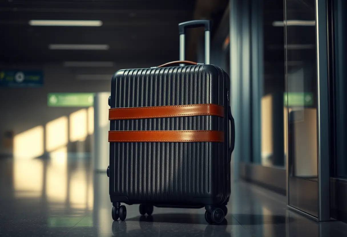 Une ceinture en cuir autour d'une valise cabine prête à partir