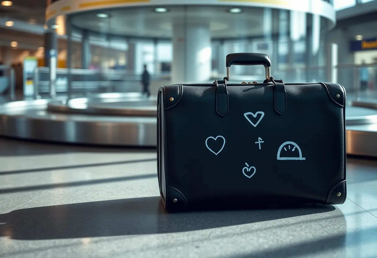 Un sac à dos personnalisé sur un tapis roulant dans un aéroport.