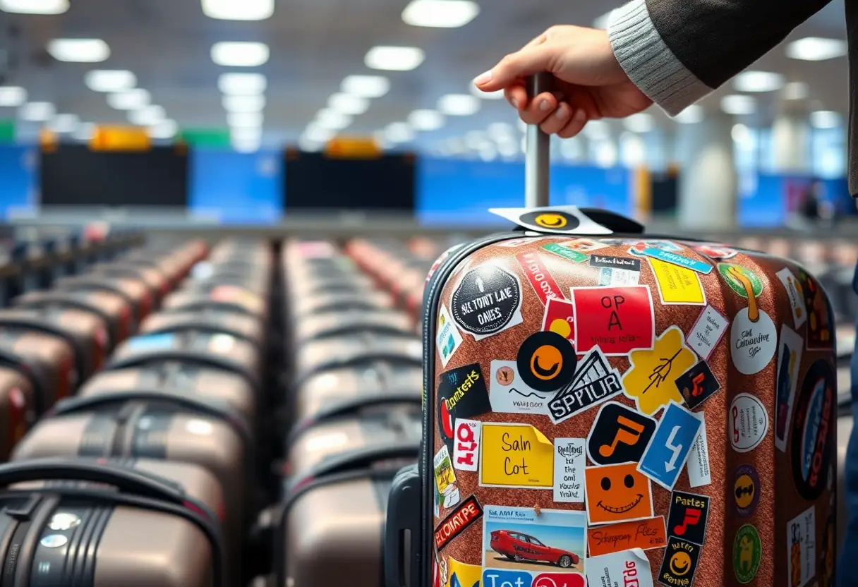 Une valise couverte de autocollants colorés sur un tapis roulant