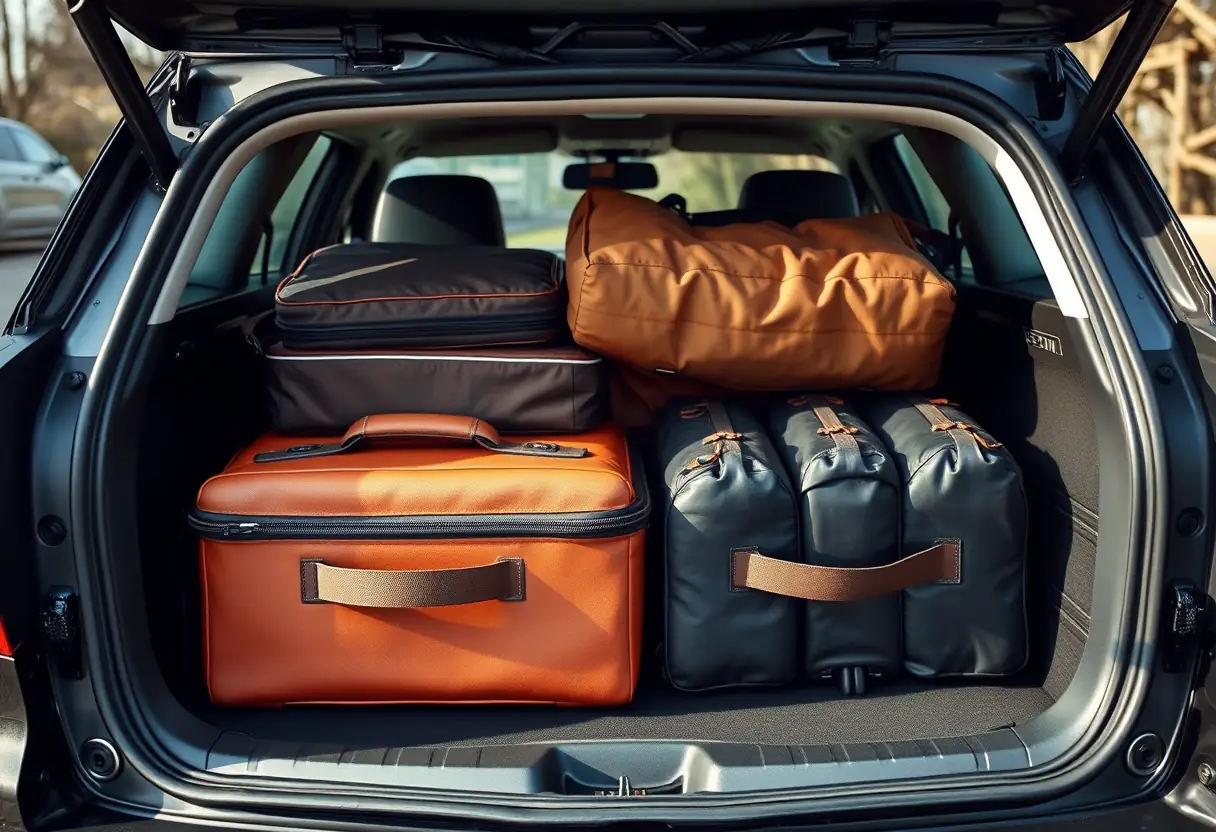 Coffre de voiture rempli de bagages soigneusement rangés